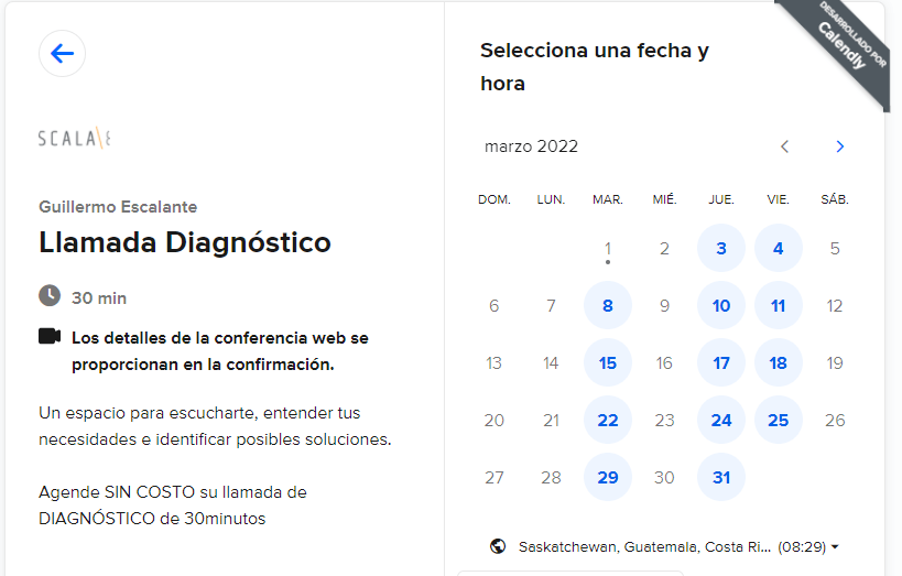 Muestra el calendario que un usuario tiene disponibilidad para agendar una llamada de descubrimiento con Guillermo Escalante